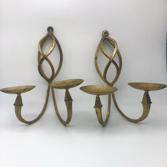 Set Of 2 Vintage Hold Wrought Iron Wall Sconces Scroll Pillar - Picture 8 of 9